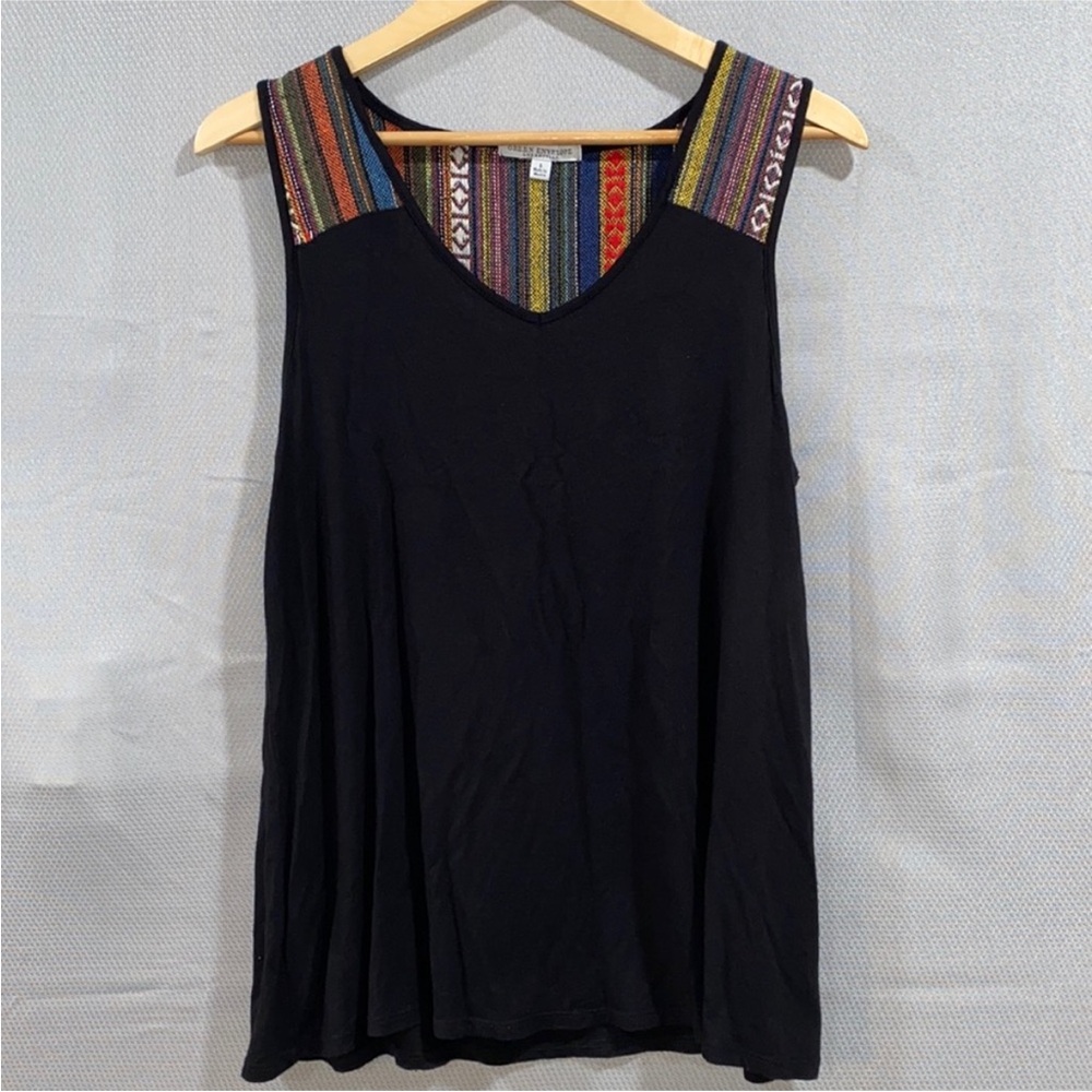 Black Sleeveless Top with Multicolor Embroidered Stripes